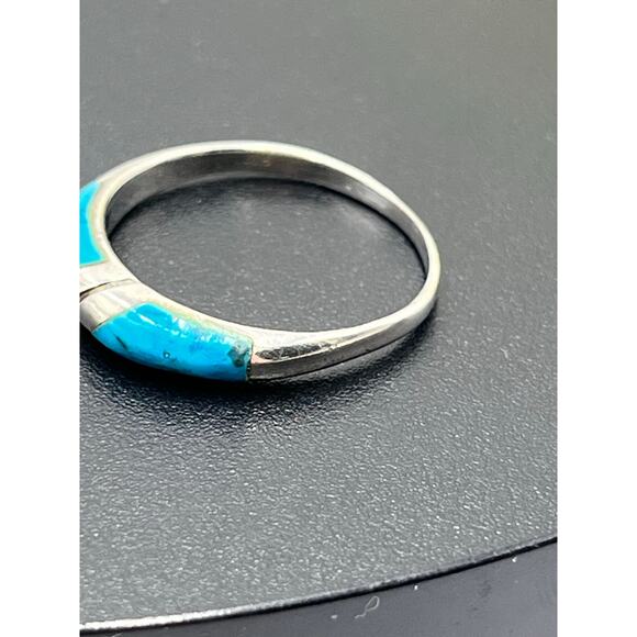 Sterling Silver Turquoise Channel Inlay Southwestern Native American Ring Sz 8 - Picture 8 of 10